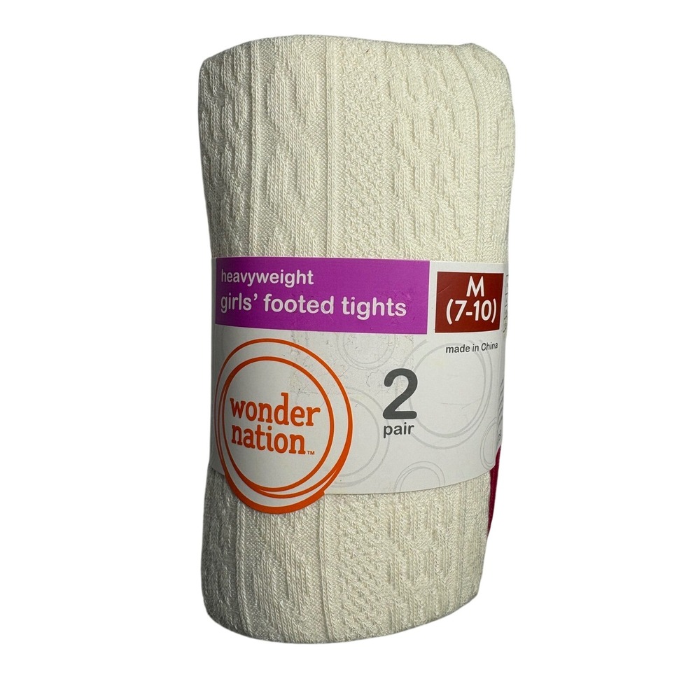 Wonder Nation Girls Footed Tights 2 Pack Ivory Blossom Cable Knit Size M 7-10